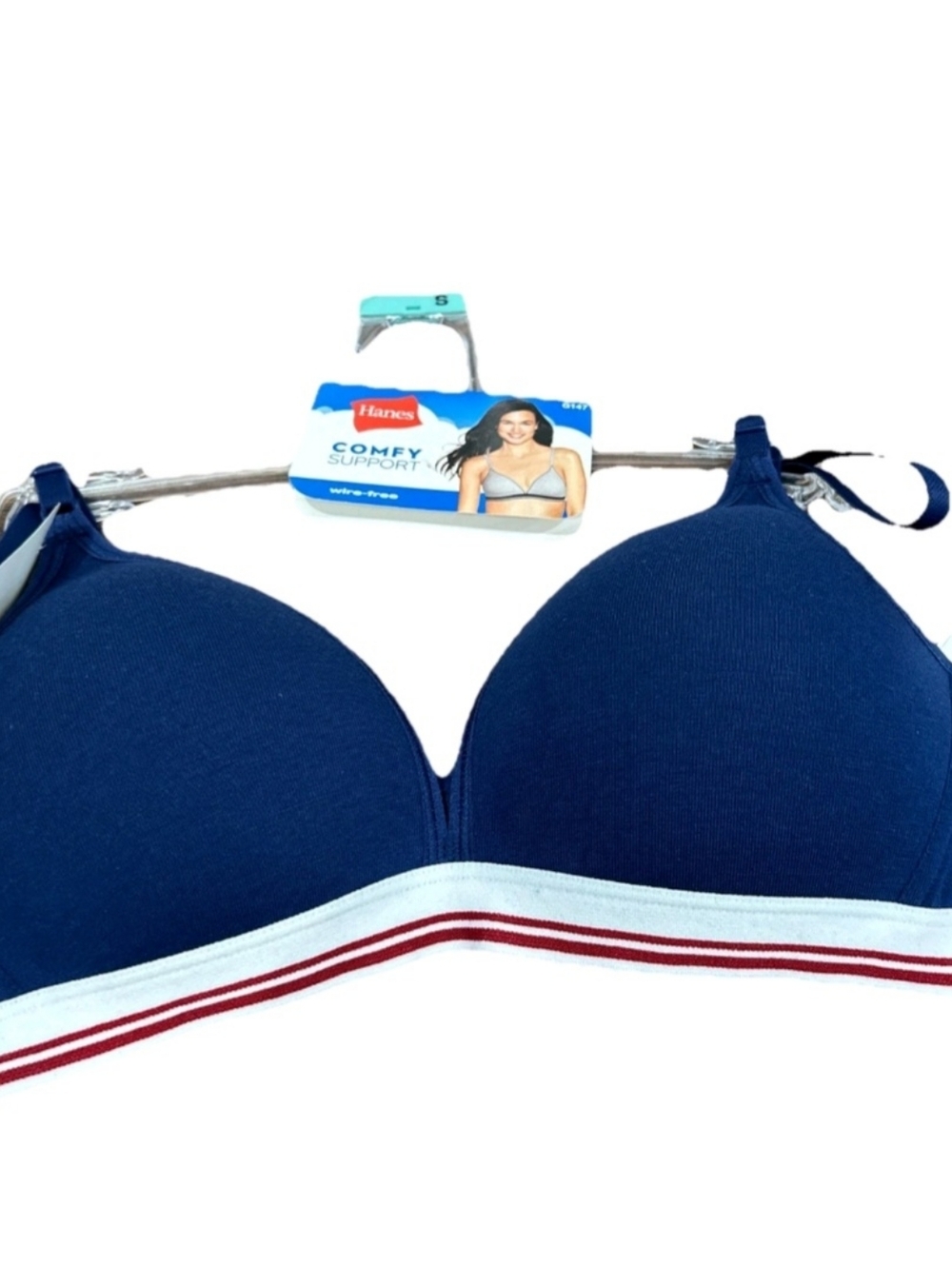 Hanes Navy Wireless Bra with White & Red Stripe Band - Picture 2 of 5